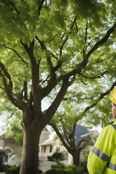 A tree risk assessment expert inspects a group of trees in a residential neighborhood, noting potential hazards and creating a management plan