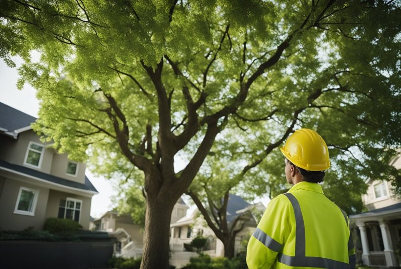 A tree risk assessment expert inspects a group of trees in a residential neighborhood, noting potential hazards and creating a management plan