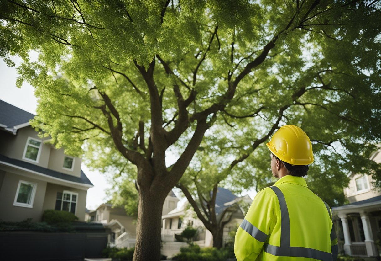 A tree risk assessment expert inspects a group of trees in a residential neighborhood, noting potential hazards and creating a management plan